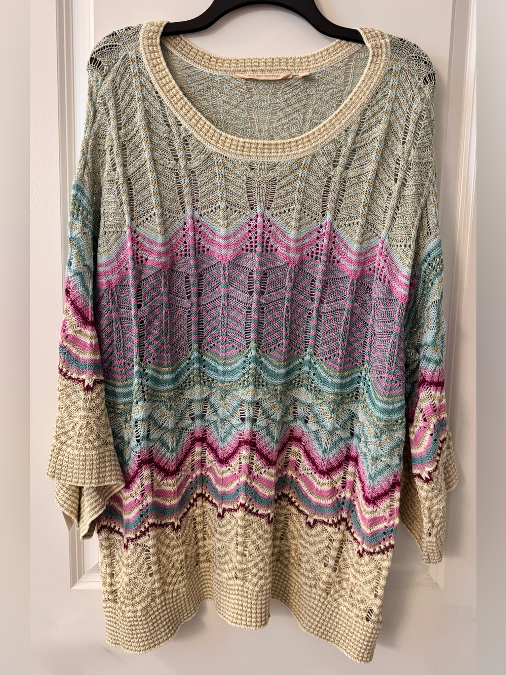 #z191 - Soft Surroundings Thereze Striped Pointelle Sweater Gold Metallic Accent